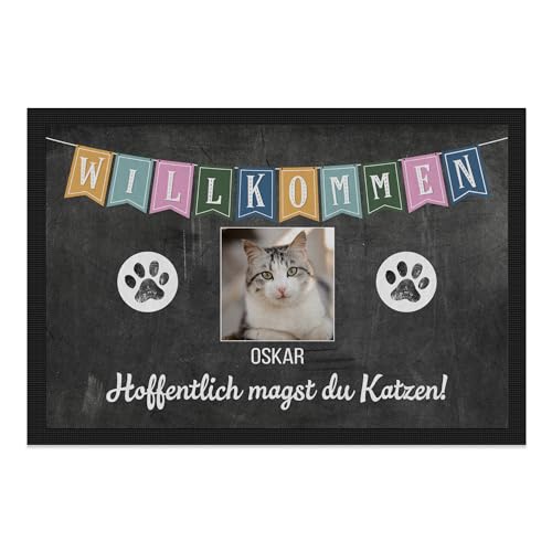 PfotenSchild personalisierte Fußmatte mit eigener Katze selbst gestalten - Hoffentlich magst du Katzen - individuell mit Foto & Katzenname für Katzenbesitzer - 75 x 50 cm von PfotenSchild