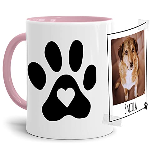 Tasse mit Spruch - Collage personalisieren - Pfote - Hundetasse - Für Hundeliebhaber und Hundebesitzer - 1 Bild + 1 Name, Innen & Henkel Rosa, 300 ml von PfotenSchild