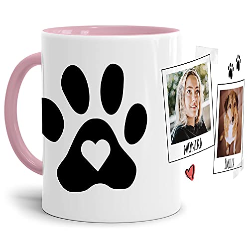 Tasse mit Spruch - Collage personalisieren - Pfote - Hundetasse - Für Hundeliebhaber und Hundebesitzer - 2 Bilder + 2 Namen, Innen & Henkel Rosa, 300 ml von PfotenSchild