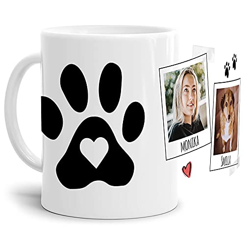 Tasse mit Spruch - Collage personalisieren - Pfote - Hundetasse - Für Hundeliebhaber und Hundebesitzer - 2 Bilder + 2 Namen, Weiß, 300 ml von PfotenSchild