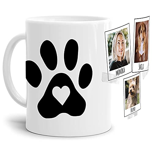 Tasse mit Spruch - Collage personalisieren - Pfote - Hundetasse - Für Hundeliebhaber und Hundebesitzer - 3 Bilder + 3 Namen, Weiß, 300 ml von PfotenSchild