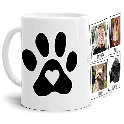 Tasse mit Spruch - Collage personalisieren - Pfote - Hundetasse - Für Hundeliebhaber und Hundebesitzer - 4 Bilder + 4 Namen, Weiß, 300 ml von PfotenSchild
