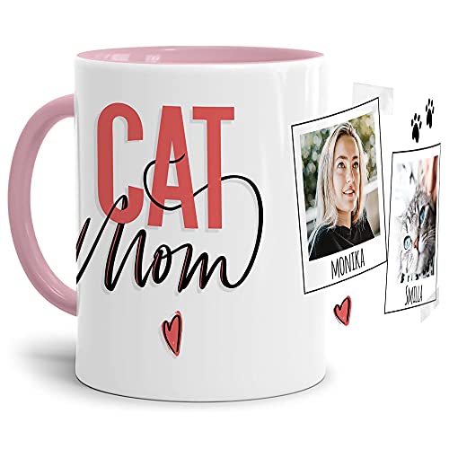 Tasse mit Spruch - Collage personalisieren - Catmom - Katzentasse - Für Katzenliebhaber und Katzenbesitzer - 2 Bilder + 2 Namen, Innen & Henkel Rosa, 300 ml von PfotenSchild