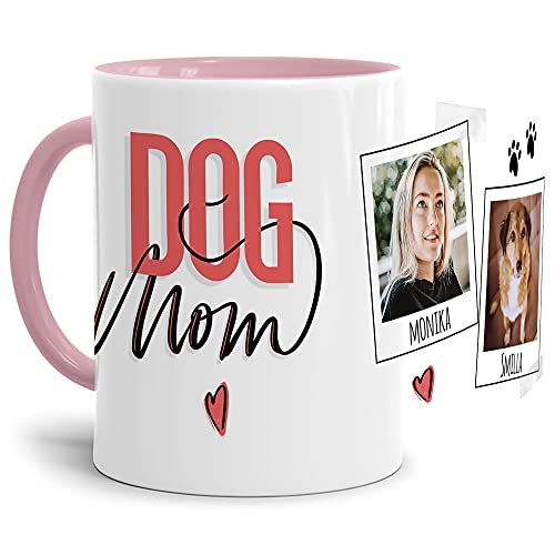 Tasse mit Spruch - Collage personalisieren - Dogmom - Hundetasse - Für Hundeliebhaber und Hundebesitzer - 2 Bilder + 2 Namen, Innen & Henkel Rosa, 300 ml von PfotenSchild