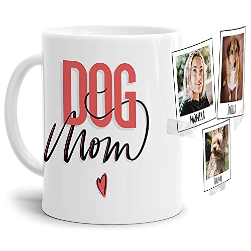 Tasse mit Spruch - Collage personalisieren - Dogmom - Hundetasse - Für Hundeliebhaber und Hundebesitzer - 3 Bilder + 3 Namen, Weiß, 300 ml von PfotenSchild