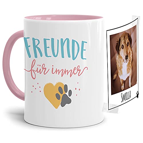 Tasse mit Spruch - Collage personalisieren - Freunde für immer - Hundetasse - Für Hundeliebhaber und Hundebesitzer - 1 Bild + 1 Name, Innen & Henkel Rosa, 300 ml von PfotenSchild