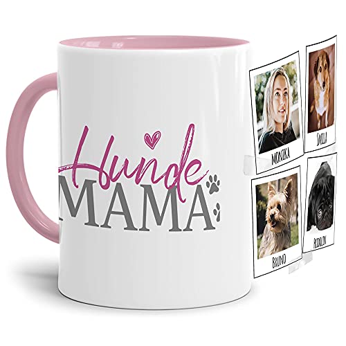 Tasse mit Spruch - Collage personalisieren - Hundemama - Für Hundeliebhaber und Hundebesitzer - 4 Bilder + 4 Namen, Innen & Henkel Rosa, 300 ml von PfotenSchild