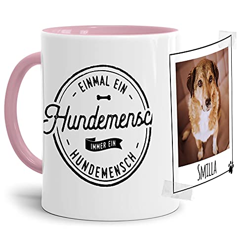 Tasse mit Spruch - Collage personalisieren - Hundemensch - Hundetasse - Für Hundeliebhaber und Hundebesitzer - 1 Bild + 1 Name, Innen & Henkel Rosa, 300 ml von PfotenSchild