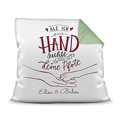Tier Kissen mit Füllung - Hand suchte Pfote - Geschenk für Tierfreunde - mit Wunschtext selbst gestalten - Farbkissen Rückseite Seegrün, 40 x 40 cm von PfotenSchild