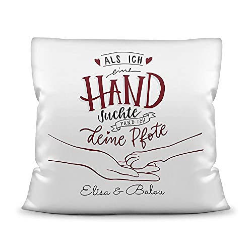 Tier Kissen mit Füllung - Hand suchte Pfote - Geschenk für Tierfreunde - mit Wunschtext selbst gestalten - Weiß, 40 x 40 cm von PfotenSchild