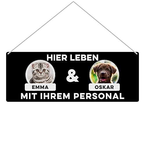 Tier Schild personalisiert - Hier Lebt X mit dem Personal - Metallschild mit Fotos und Namen für außen, wetterfestes Türschild für Hundebesitzer - Outdoor Querformat 24x9 cm, zwei Tiere, Schwarz von PfotenSchild