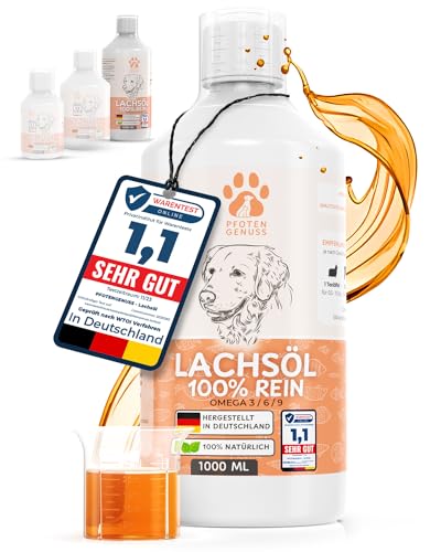 Pfotengenuss Lachsöl für Hunde 1L - natürliche Omega 3, 6 & 9 Quelle - frisch abgefüllt in Deutschland - natürliches, hochdosiertes Lachs-Öl - Barf-Öl von Pfotengenuss