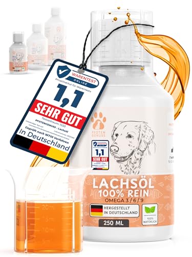 Pfotengenuss Lachsöl für Hunde 250ml - natürliche Omega 3, 6 & 9 Quelle - frisch abgefüllt in Deutschland - natürliches, hochdosiertes Lachs-Öl - Barf-Öl von Pfotengenuss