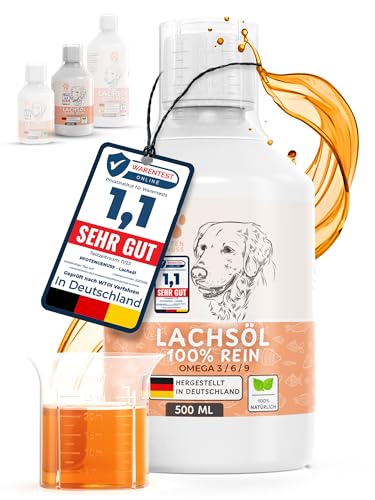 Pfotengenuss Lachsöl für Hunde 500ml - natürliche Omega 3, 6 & 9 Quelle - frisch abgefüllt in Deutschland - natürliches, hochdosiertes Lachs-Öl - Barf-Öl von Pfotengenuss