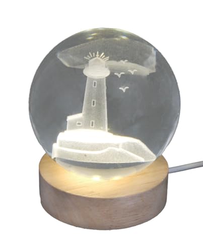 Pfronten Schmuck Gravierte Glaskugel Motiv: Leuchtturm mit elektrischer Beleuchtung Durchmesser 8cm Hologrammkugel von Pfrontenschmuck