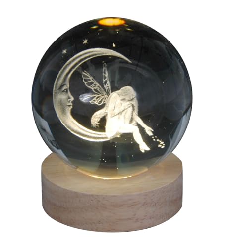 Pfronten Schmuck Gravierte Glaskugel Motiv: Mondmännchen mit elektrischer Beleuchtung Durchmesser 8cm Hologrammkugel Fee von Pfrontenschmuck