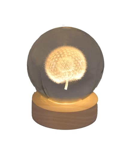 Pfrontenschmuck Gravierte Glaskugel Motiv: Pusteblume mit elektrischer Beleuchtung Durchmesser 8cm Hologrammkugel von Pfrontenschmuck