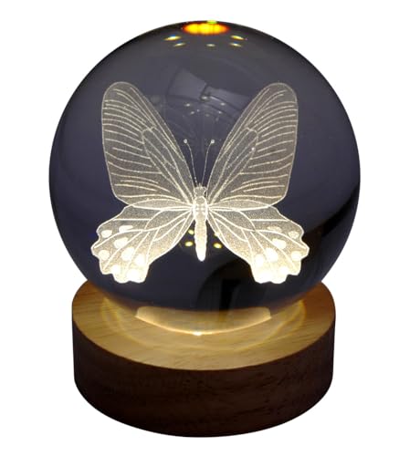 Pfrontenschmuck Gravierte Glaskugel Motiv: Schmetterling mit elektrischer Beleuchtung Durchmesser 8cm Hologrammkugel von Pfrontenschmuck