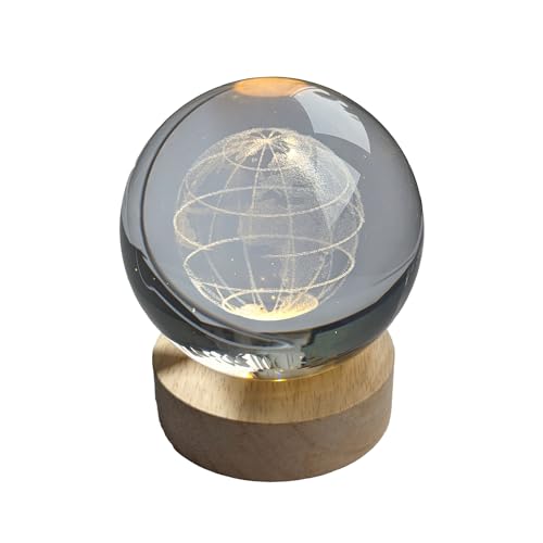 Pfronten Schmuck Hologramm Glaskugel (ca. 8 cm) Erde inkl. Holz LED-Untersetzer (ca. 7 cm) 3D Kristallkugel Nachtlicht Stimmungslicht Lampe von Pfrontenschmuck