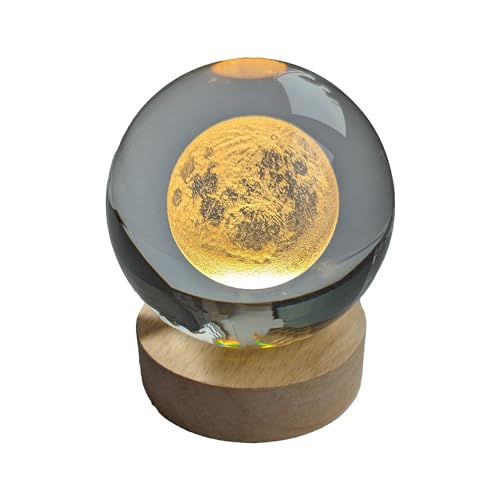 Pfronten Schmuck Hologramm Glaskugel (ca. 8 cm) Mond inkl. Holz LED-Untersetzer (ca. 7 cm) 3D Kristallkugel Nachtlicht Stimmungslicht Lampe von Pfrontenschmuck