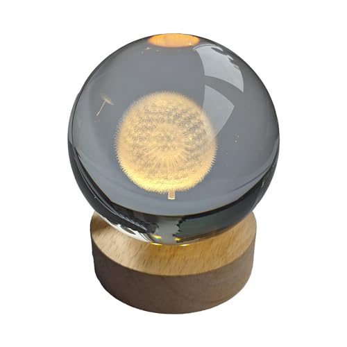 Pfronten Schmuck Hologramm Glaskugel (ca. 8 cm) Pusteblume inkl. Holz LED-Untersetzer (ca. 7 cm) 3D Kristallkugel Nachtlicht Stimmungslicht Lampe von Pfrontenschmuck