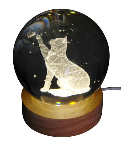 Pfrontenschmuck Gravierte Glaskugel Motiv: Katze mit elektrischer Beleuchtung Durchmesser 8cm Hologrammkugel von Pfrontenschmuck