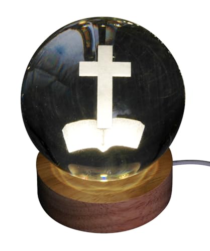 Pfrontenschmuck Gravierte Glaskugel Motiv: Kreuz mit elektrischer Beleuchtung Durchmesser 8cm Hologrammkugel von Pfrontenschmuck