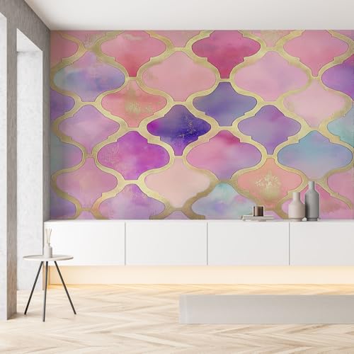 Bunt Gradient Mosaik-Muster Seide Tapete Wohnzimmer Gold Geometrisch Abstrakt Polygon Fototapete Wallpaper 450x315 cm Wandtapete Selbstklebende Tapeten 3D Effekt Panorama Wanddeko Schlafzimmer von Pggong