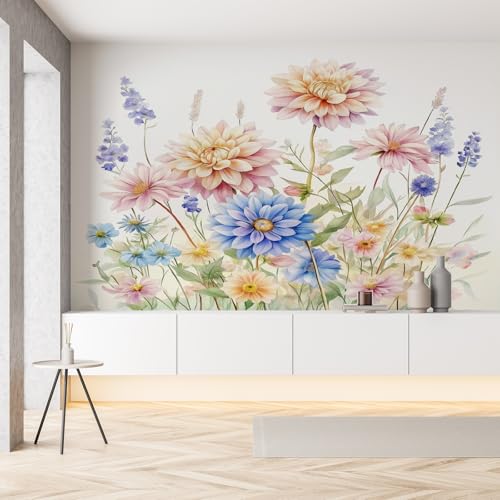 Dahlie Chrysantheme Blumen Fototapete Tapete Frühling Floral Natur Aquarell Selbstklebende Tapeten 150x105 cm 3D Effekt Wandtapete Panorama Wallpaper Wanddeko Wohnzimmer Kinderzimmer von Pggong