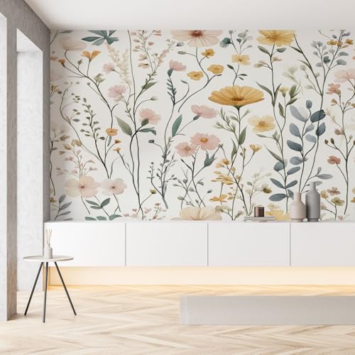 Frühling Wildblumen Blütenblatt Seide Tapete Wohnzimmer Bauernhaus Bunt Floral Pflanze Fototapete Wallpaper 450x315 cm Wandtapete Selbstklebende Tapeten 3D Effekt Panorama Wanddeko Schlafzimmer von Pggong