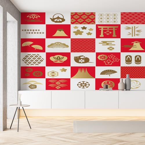 Japanische Stil Patchwork Geometrisch Fototapete Tapete Kirschblüte Fan Maus Blumen Selbstklebende Tapeten 150x105 cm 3D Effekt Wandtapete Panorama Wallpaper Wanddeko Wohnzimmer Kinderzimmer von Pggong