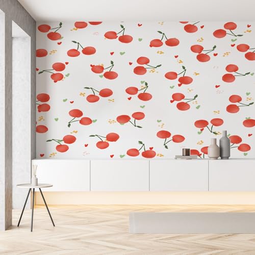 Kirschemuster Frucht Seide Tapete Wohnzimmer Karikatur Obst Gedruckt Fototapete Wallpaper 450x315 cm Wandtapete Selbstklebende Tapeten 3D Effekt Panorama Wanddeko Schlafzimmer von Pggong