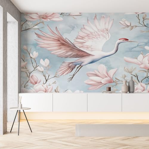 Kranich Vogel Tiermuster Seide Tapete 350x256 cm Magnolie Elegante Blumen Orientalisch Floral Fototapete Tapeten 3D Wandtapete Selbstklebende Panorama Wandbilder Wohnzimmer Schlafzimmer Dekoration von Pggong