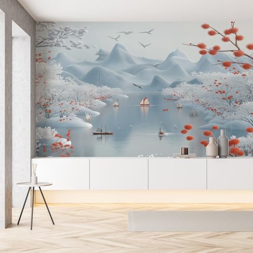 Natur Landschaft Blumen Blumenzweige Seide Tapete Wohnzimmer See Vogel Gebirge Segelboot Fototapete Wallpaper 450x315 cm Wandtapete Selbstklebende Tapeten 3D Effekt Panorama Wanddeko Schlafzimmer von Pggong