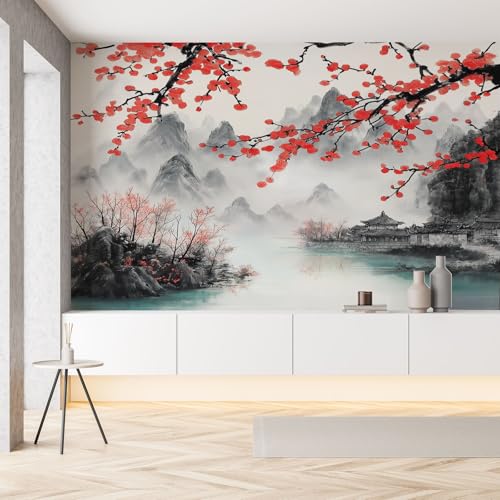 Pflaumenblüte Natur Landschaft Gebirge Wandtapete Selbstklebende Orientalisch Pflanze Floral Fototapete Seide Tapete 3D 200x140 cm Panorama Tapete Wanddeko Tapeten Wohnzimmer Kinderzimmer Wallpaper von Pggong