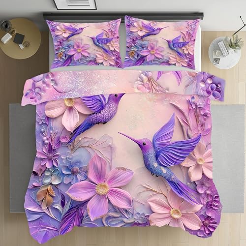 Pggong 3D Kolibri Blumen Bettbezüge 3teilig, Blumenmuster Vogel Luxuriöse Bettbezug 200x200 mit 2 Kissenbezüge 80x80 cm, Floral Blütenblatt Bettwäsche Mikrofaser mit Reißverschluss Warm Weich von Pggong