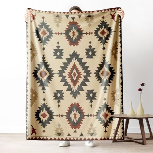 Pggong Azteken Navajo Tribal Decke Sofadecke Weiche Flanell, Southwest Ethno Stammes Kuscheldecke Waschbar Flauschig, Geometrie Symmetrie Fleecedecke 80x150cm Wohndecke für Bett Couchdecke von Pggong