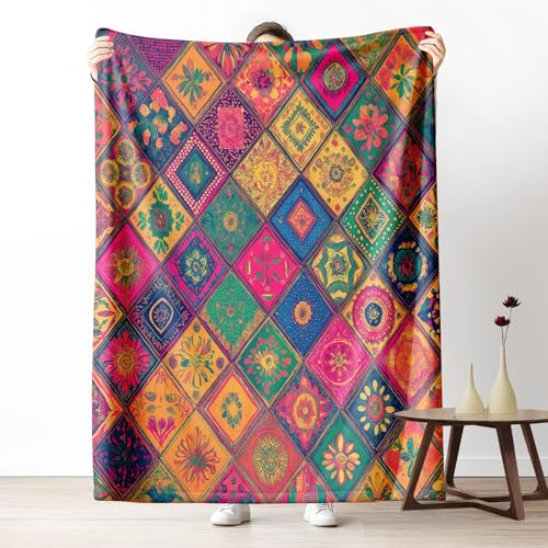 Pggong Decke Boho Floral Gitter Kuscheldecke Flanell Decke, Vintage Ethno Geometrie Fleecedecke 180x220cm Couchdecke Weiche, Orientalisch Exotische Decke Waschbar überwurfdecke für Bett von Pggong