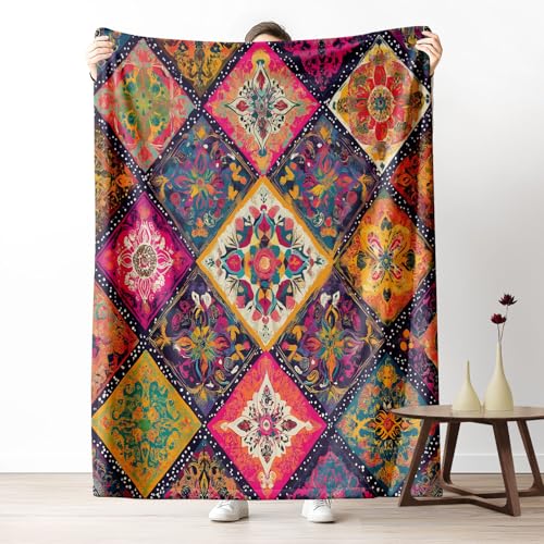 Pggong Floral Gitter Patchwork Decke Sofadecke Weiche Flanell, Kuscheldecke Abstrakt Blumen Waschbar Flauschig, Vintage Ölgemälde Fleecedecke 80x150cm Wohndecke für Bett Couchdecke von Pggong