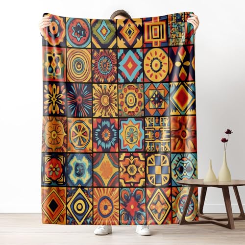 Pggong Gitter Patchwork Decke Kuschelig 70x100cm, Boho Abstrakt Botanisch Floral Kuscheldecke Weiche Flanell Couchdecke, Geometrie Ethno Retro Kuscheldecke Waschbar Sofadecke Kuschelig für Bett Sofa von Pggong