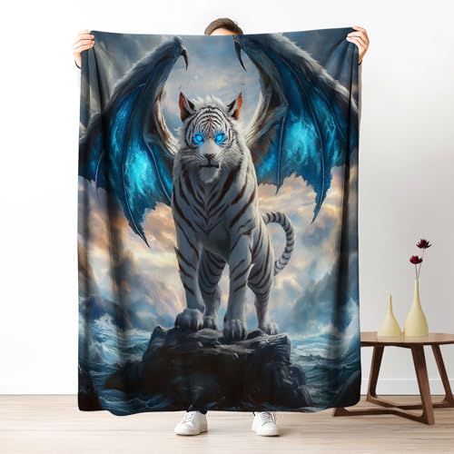 Pggong Kuscheldecke Weißer Tiger Tiermuster Flauschig 130x150cm, Blitz Himmel Ozean Wolke Fleecedecke Weiche Flanell Couchdecke, Fantasy Tier Decke Waschbar Wohndecke für Bett Sofadecke von Pggong