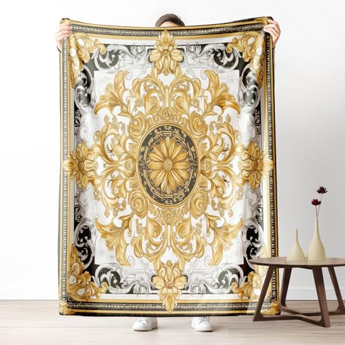 Pggong Luxuriöse Barock Modern Kuscheldecke 150x200cm, Schwarz Gold Blumen Decke Flauschig, Weiche Flanell überwurfdecke, Symmetrie Design Fleecedecke Waschbar Wohndecke für Bett Couchdecke von Pggong