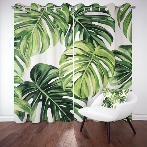 Pggong Palme Blatter Muster Vorhang, Tropische Wildpflanze Verdunklungsvorhänge mit Ösen, Aquarell Blickdicht Gardinen, Thermovorhang 2er Set für Schlafzimmer Wohnzimmer, H230 x B117 cm von Pggong
