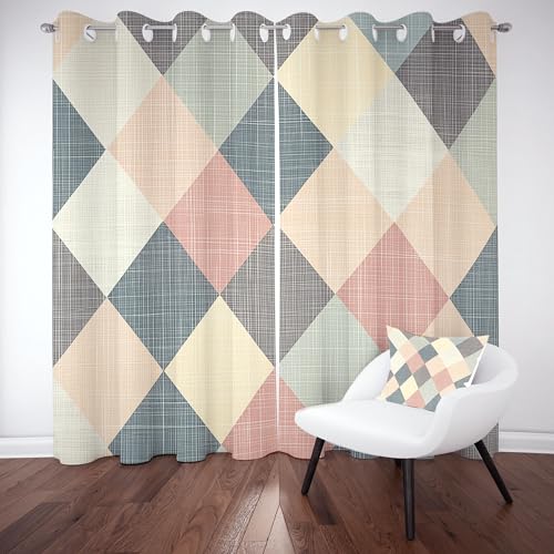 Pggong Raute Gitter Muster Ösenvorhang, Bunte Geometrisch Druck Gardinen Thermovorhang, Linie Minimalismus Vorhang Verdunklungsvorhänge 2er Set für Kinderzimmer Schlafzimmer, H183 x B117 cm von Pggong