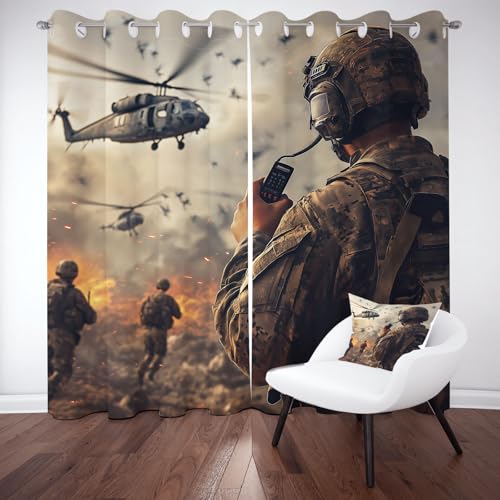 Pggong Vorhänge Soldier Soldat Tarnung Krieg Gardinen mit Ösen Thermovorhang Militär Thema Hubschrauber Flammen Verdunklungsvorhänge Blickdichte 2er Set für Schlafzimmer Kinderzimmer 214x117 cm von Pggong