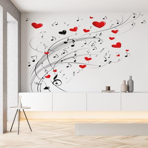 Rot Herzchen Romantisch Seide Tapete Wohnzimmer Musiknoten Musik Thema Schwarz Weißer Fototapete Wallpaper 450x315 cm Wandtapete Selbstklebende Tapeten 3D Effekt Panorama Wanddeko Schlafzimmer von Pggong