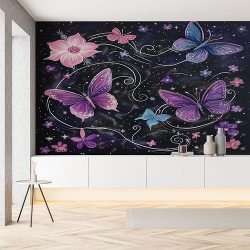 Schmetterling Insekt Nachthimmel Seide Tapete Wohnzimmer Bunt Floral Aquarell Blumen Fototapete Wallpaper 450x315 cm Wandtapete Selbstklebende Tapeten 3D Effekt Panorama Wanddeko Schlafzimmer von Pggong