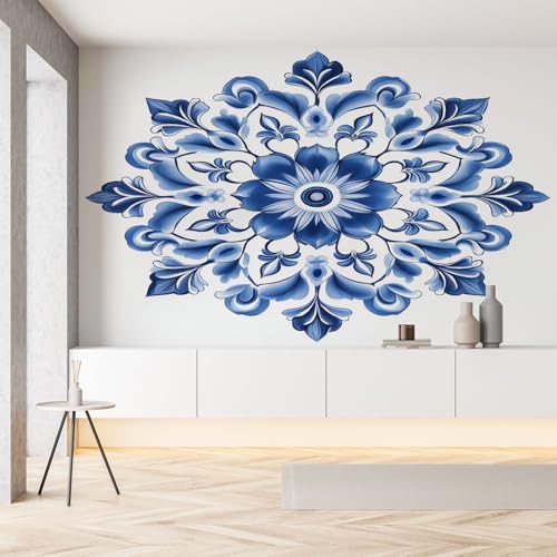 Selbstklebende Tapete Blau Mandala Blumen Blütenblatt Fototapete 3D Floral Blatter Pflanze Wandtapete Seide Tapeten 100x70 cm Wallpaper Wanddeko Tapete Wohnzimmer Kinderzimmer Dekoration von Pggong