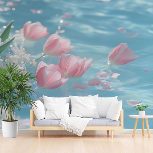 Tulpe Elegante Blumen Aesthetic Wandtapete Selbstklebende Floral Pflanze Romantisch Fototapete Seide Tapete 3D Effekt 200x140 cm Panorama Tapete Wanddeko Tapeten Wohnzimmer Kinderzimmer von Pggong