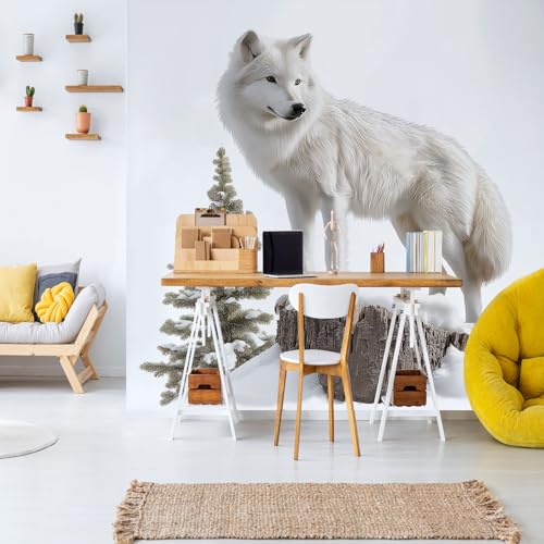 Weißer Wolf Wildtier Baumstumpf Seide Tapete Wohnzimmer Schneeszene Tiermuster Baum Fototapete Wallpaper 450x315 cm Wandtapete Selbstklebende Tapeten 3D Effekt Panorama Wanddeko Schlafzimmer von Pggong
